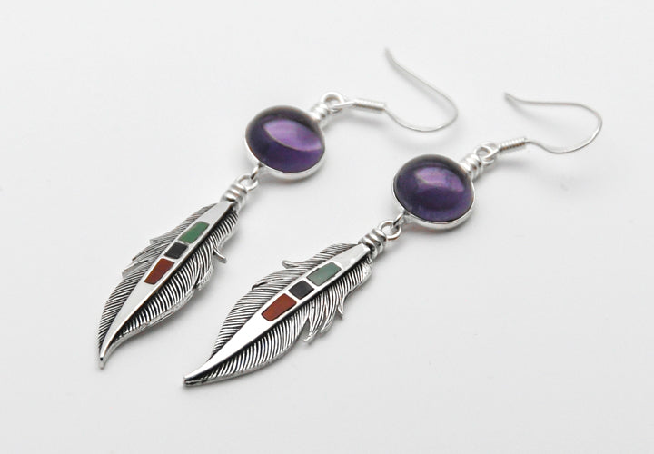 Holy Feather Earring, Silber Ohrring Feder, Ethnischer Schmuck, Tribalschmuck, Talisman, Federschmuck, Amethyst Ohrring, Native Schmuck