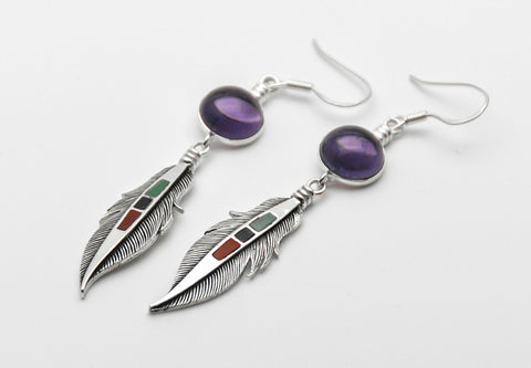 Holy Feather Earring, Silber Ohrring Feder, Ethnischer Schmuck, Tribalschmuck, Talisman, Federschmuck, Amethyst Ohrring, Native Schmuck